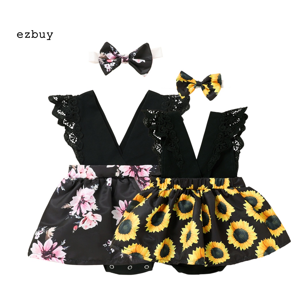 Bộ Đầm Liền Thân Bằng Cotton Họa Tiết Hoa Kèm Băng Đô Thanh Lịch Dành Cho Bé Gái