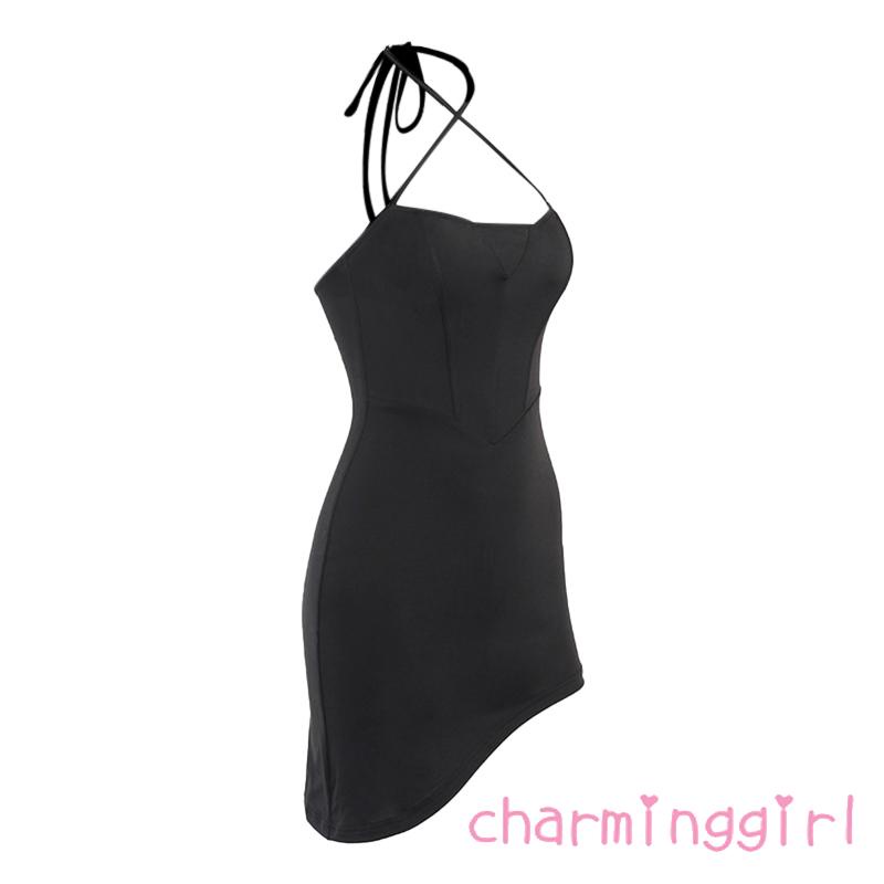 Đầm Mini Ôm Dáng Không Tay Cổ Chéo Dây Hở Lưng Màu Sắc Đơn Giản Dành Cho Nữ