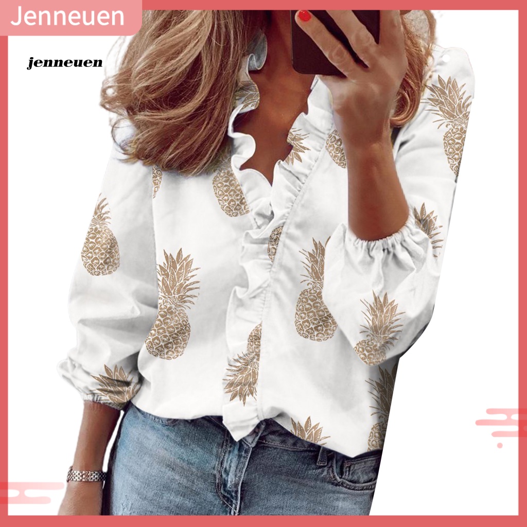 Áo Sơ Mi Tay Dài Cổ V Viền Bèo Co Giãn In Họa Tiết Xinh Xắn Thời Trang Cho Nữ