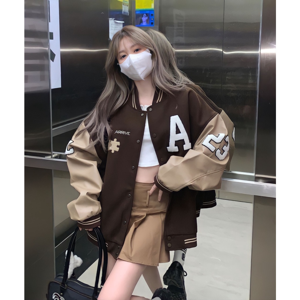 Áo Bomber Nỉ Unisex A23 Tay Phối Màu Dáng Rộng Tay Bo - Áo Khoác Màu Nâu Thêu Chữ G0319 WOW