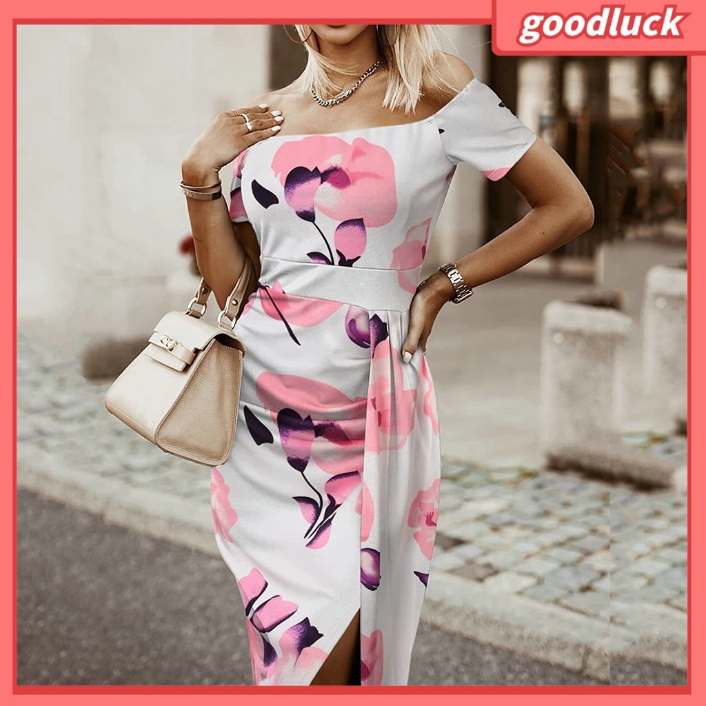Đầm Midi Tay Ngắn Hở Vai Dáng Ôm In Họa Tiết Hoa Thời Trang Mùa Hè Xinh Xắn Cho Nữ