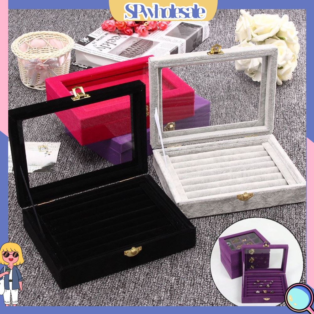 <SPwholesale> Khay Nhung Trưng Bày Trang Sức Khuyên Tai / Nhẫn Có Nắp Kính