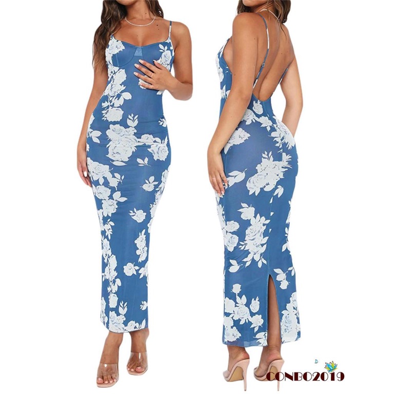 Đầm Hai Dây Dáng Dài Họa Tiết Hoa Hở Lưng Xẻ Tà Thời Trang Mùa Hè Cho Nữ