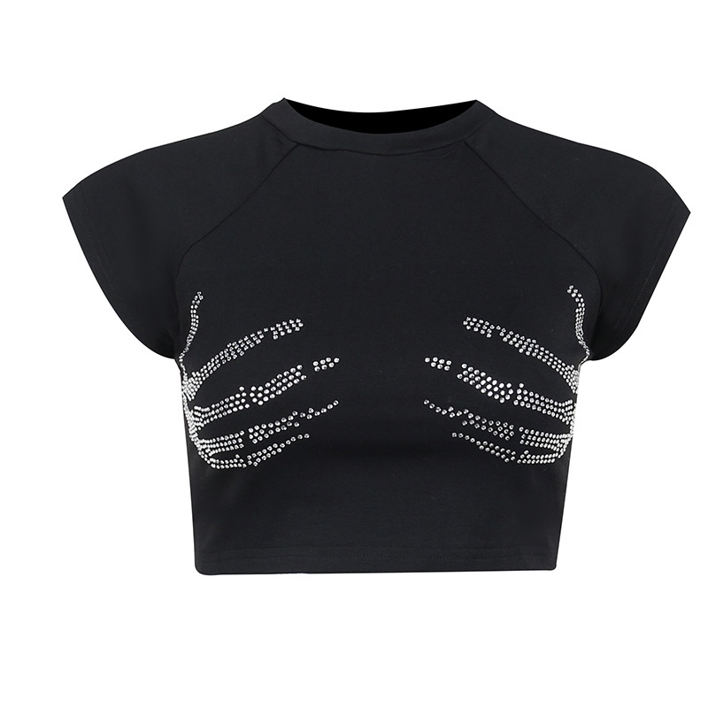 Áo Thun Tay Ngắn Hở Rốn Phong Cách Âu Mỹ Đính Kim Cương Giả Y2K Cho Nữ