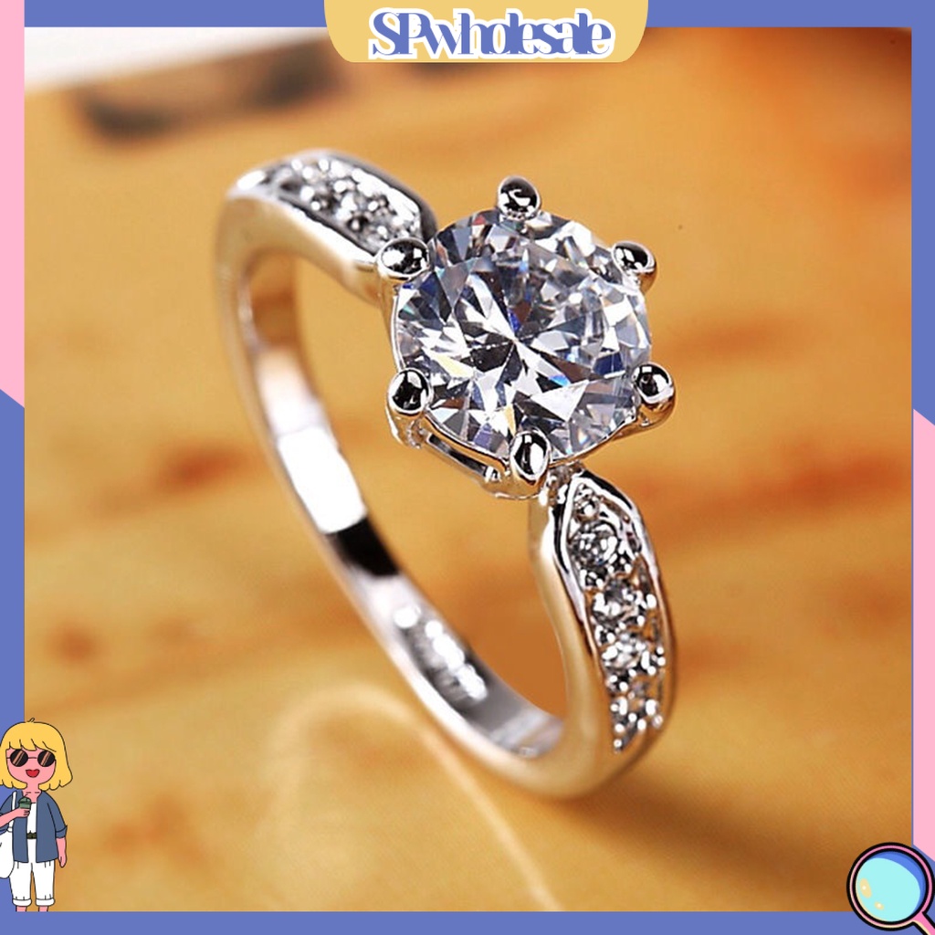 <SPwholesale> Nhẫn Mạ Bạc Đính Đá Kiểu Hình Học Sáng Bóng Không Phai Màu Trang Sức Cho Cô Dâu Đính Hôn Nữ