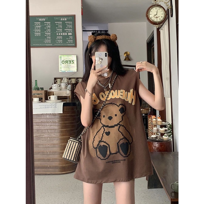 Áo Hai Dây Dáng Rộng Họa Tiết Gấu Hoạt Hình Thời Trang Mùa Hè