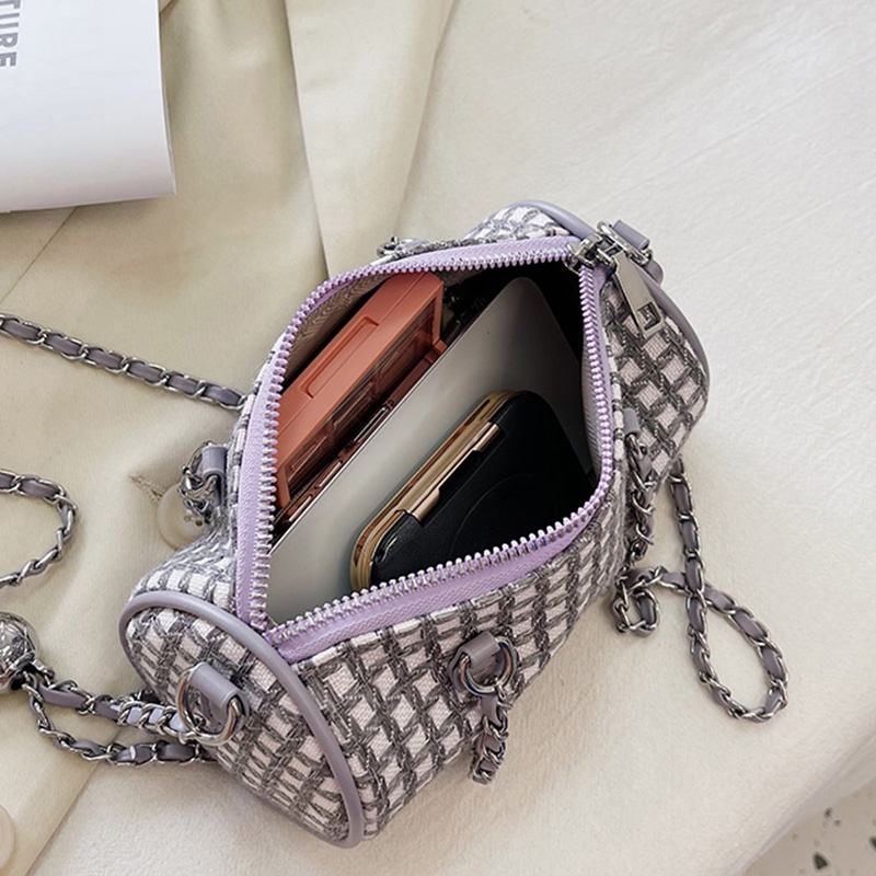 Túi Xách Đeo Vai Vải Bạt Hình Trụ Khóa Kéo Kẻ Sọc Caro Ngọt Ngào Cho Nữ