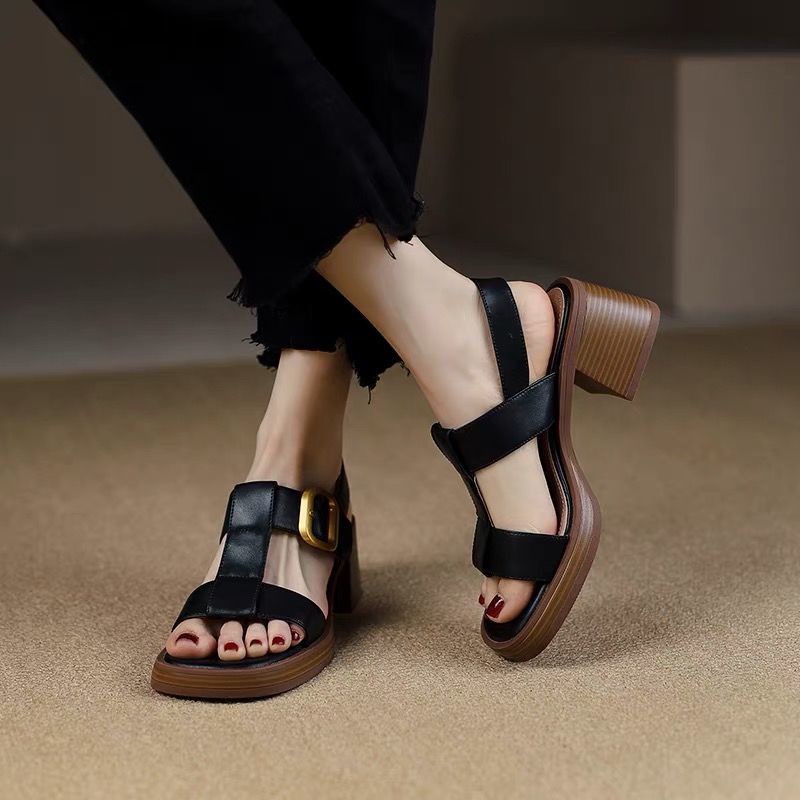 Giày Sandal Gót Dày Mũi Vuông Bằng Da Thật Chống Nước Phong Cách Retro Cho Nữ