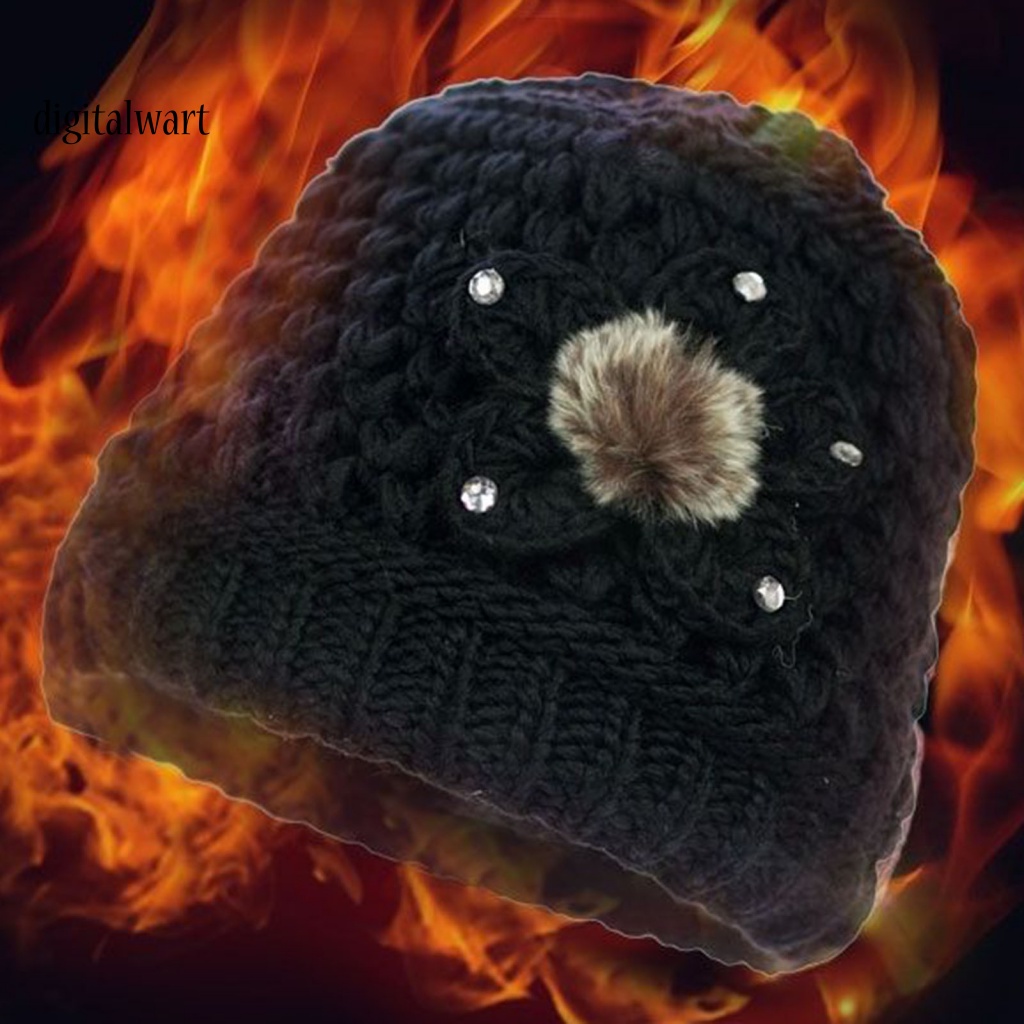 Kỹ Thuật Số| Mũ Beanie Dệt Kim Lót Lông Dày Dặn Màu Trơn Đính Đá Lấp Lánh Thời Trang Đường Phố