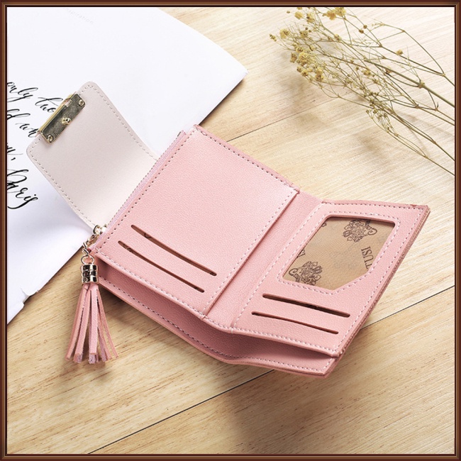 Ví Da Pu Ngắn Dạng Gập Có Mặt Dây Tua Rua Thời Trang Cho Nữ Giá Đỡ
