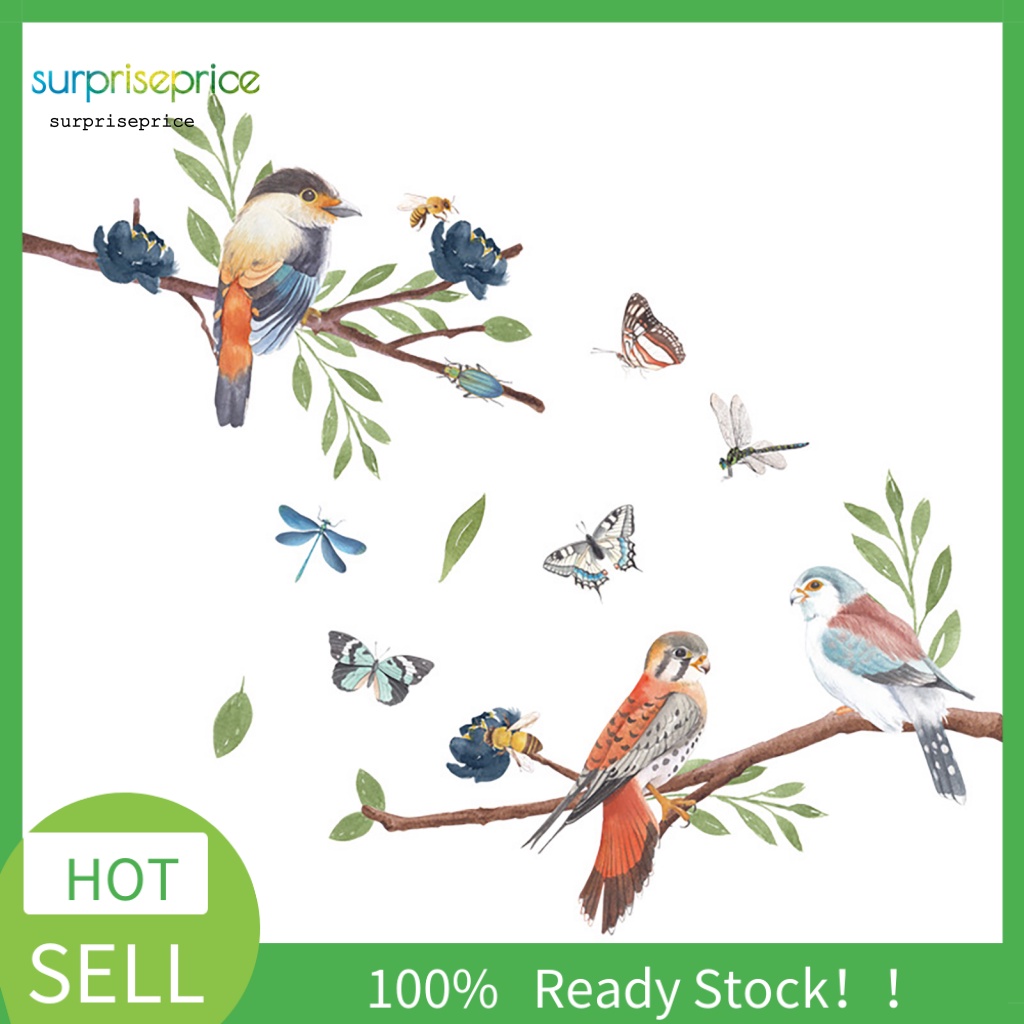 Set 2 Tấm Sticker Dán Tường Tự Dính Họa Tiết Cây Cối / Chim / Hoa Hoạt Hình Trang Trí Nhà Cửa