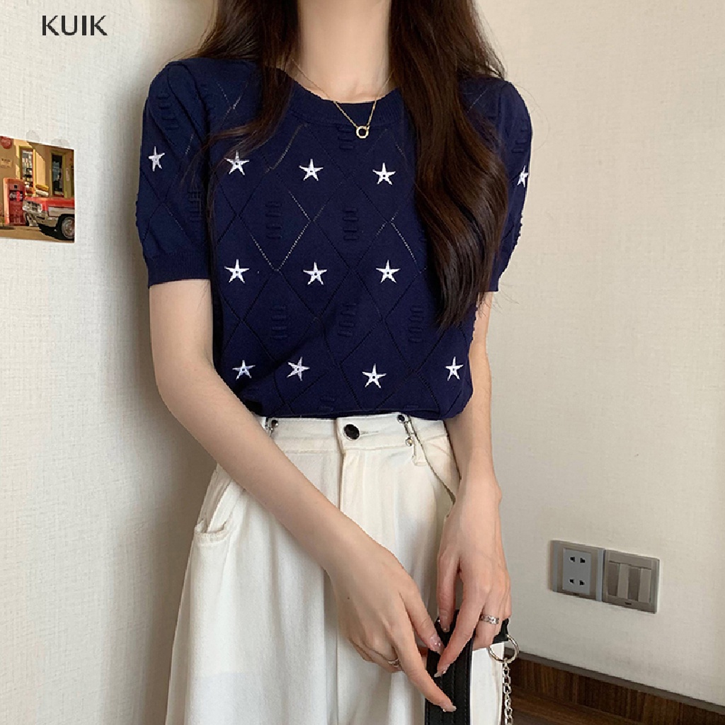 Áo Thun Dệt Kim Ngắn Tay Cổ Tròn Thêu Họa Tiết Ngôi Sao Phong Cách Retro Cho Nữ