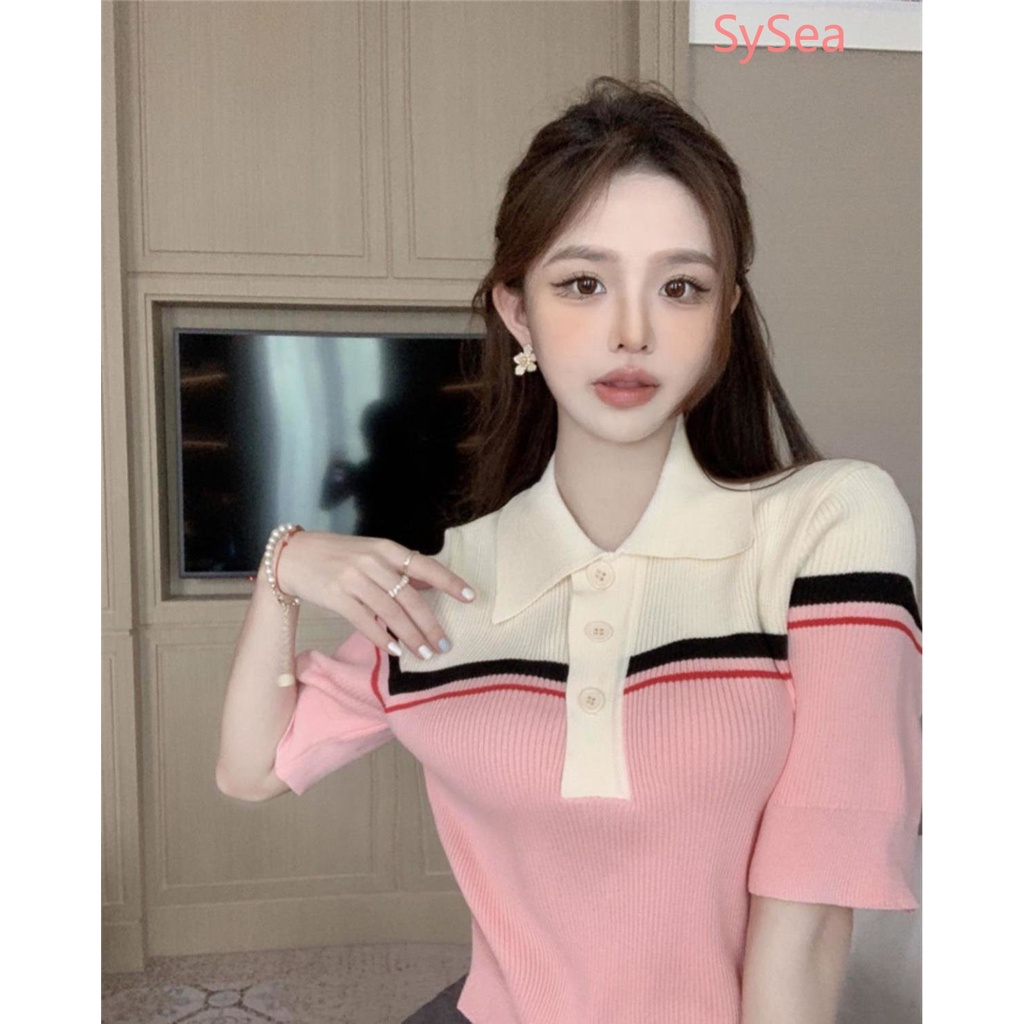 Áo Polo Dệt Kim Kẻ Sọc Thời Trang Mùa Hè Cho Nữ