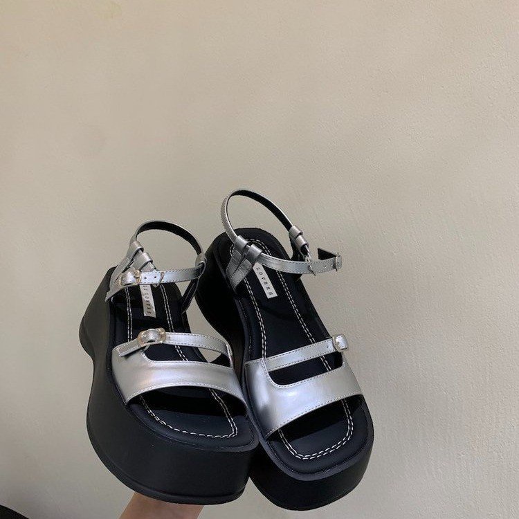 Giày Sandal Bằng Da PU Đế Bằng 4CM Hở Ngón Màu Trơn Thời Trang Mùa Hè Dành Cho Nữ