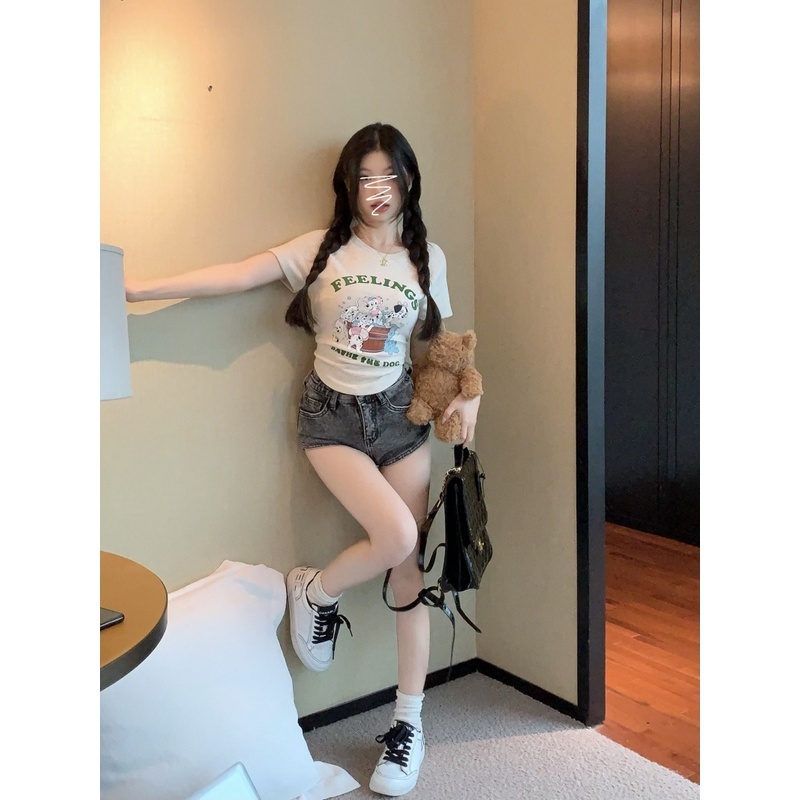 Áo Thun Ngắn Tay Dáng Ôm In Họa Tiết Hoạt Hình Cún Con Đáng Yêu Thời Trang Mùa Hè Cho Nữ