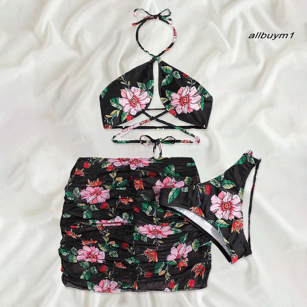 Bộ Đồ Bơi 3 Mảnh Gồm Áo Quấn Quanh Cổ Yếm Và Chân Váy In Họa Tiết Hoa Phong Cách Thể Thao Thời Trang Quyến Rũ Cho Nữ