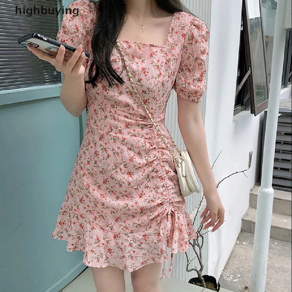 Đầm Mini Cổ Vuông Tay Phồng In Hoa Phối Dây Rút Thời Trang Hàn Quốc Thanh Lịch Cho Nữ