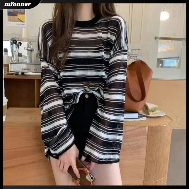Áo Sweater Dệt Kim Dáng Rộng Cổ Tròn Họa Tiết Kẻ Sọc Thời Trang Cho Nữ