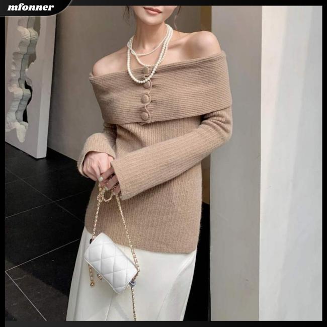 Áo Sweater Dệt Kim Trễ Vai Tay Dài Dáng Ôm Màu Trơn Thời Trang Quyến Rũ Cho Nữ