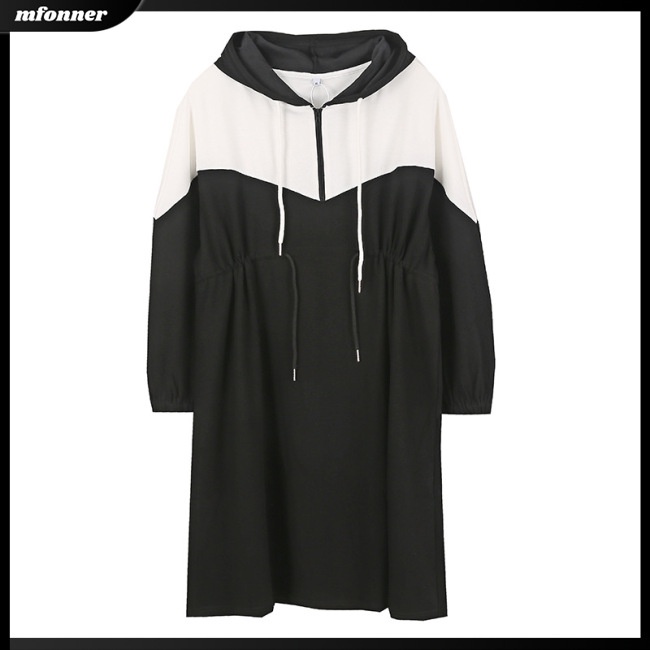 Đầm Thể Thao Tay Dài Có Mũ Trùm Phối Dây Rút Màu Sắc Tương Phản Cá Tính Cho Nữ