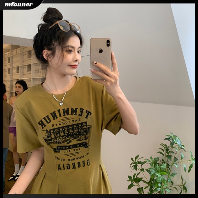 Đầm Thể Thao Tay Ngắn Cổ Tròn Dáng Rộng In Chữ Thời Trang Mùa Hè Cho Nữ