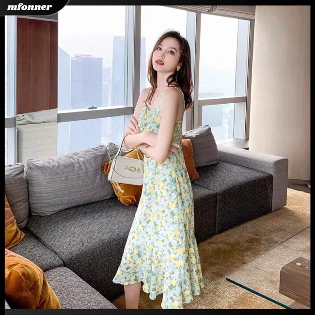 Đầm Midi Hai Dây Nhún Bèo In Họa Tiết Hoa Thời Trang Mùa Hè Cho Nữ