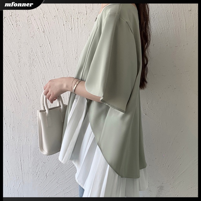 Áo Sơ Mi Chiffon Ngắn Tay Kiểu Xếp Ly Màu Trơn Cho Nữ