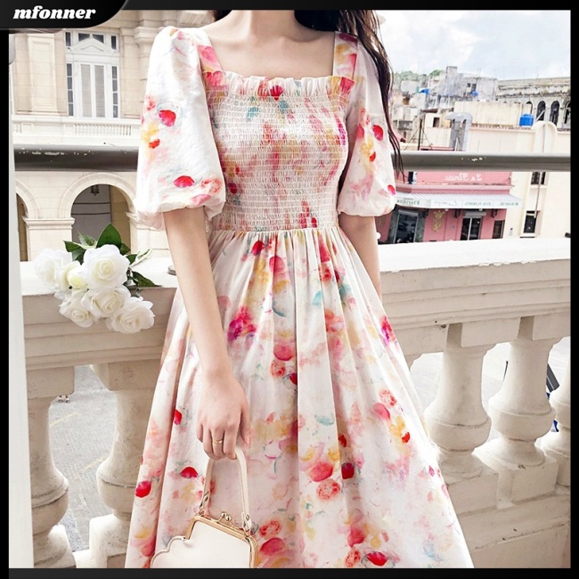 Đầm Midi Dáng Chữ A Tay Phồng Cổ Vuông in Họa Tiết Tranh Sơn Dầu Thời Trang Cho Nữ