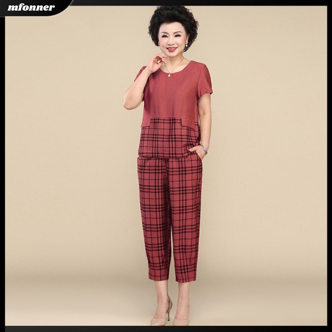 Bộ Trang Phục Thể Thao 2 Mảnh Gồm Áo Thun Tay Ngắn Cổ Tròn In Họa Tiết Caro + Quần Dài Thời Trang Cho Nữ