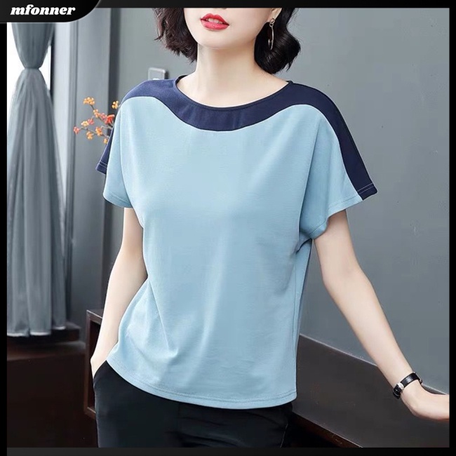 Áo Thun Tay Ngắn Cổ Tròn Phối Màu Tương Phản Thời Trang Cho Nữ