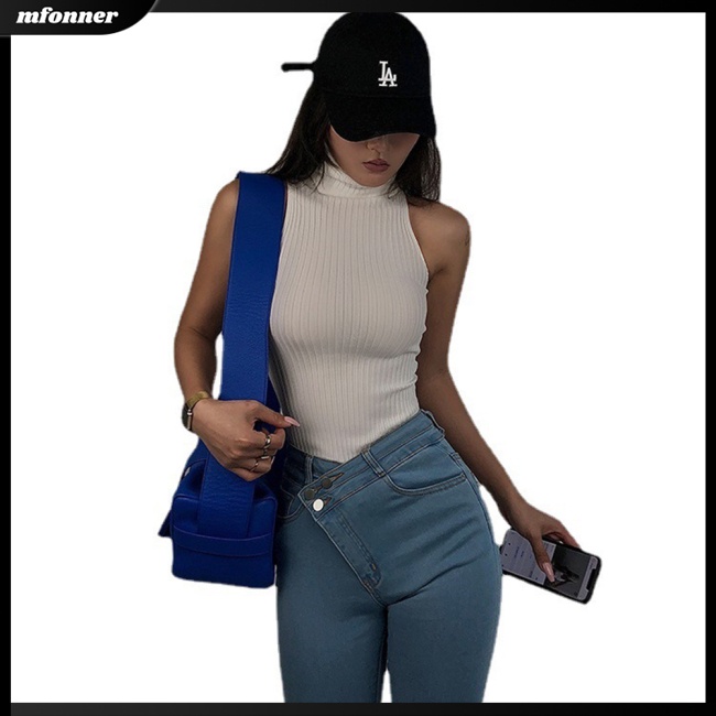 Áo Sweater Dệt Kim Cổ Lọ Không Tay Màu Sắc Đơn Giản Cho Nữ