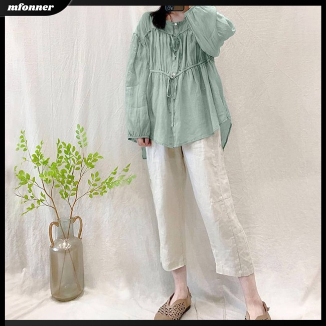 Áo Sơ Mi Tay Dài Cổ Tròn Dáng Rộng Xếp Ly Một Hàng Nút Vải Cotton Lanh Màu Trơn Thời Trang Cho Bạn Gái