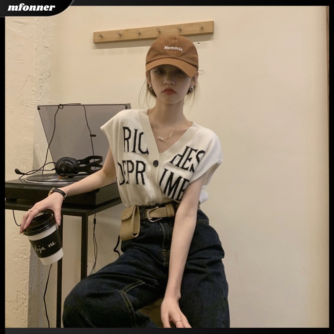 Áo Khoác Cardigan Dệt Kim Dáng Rộng Cổ Chữ V Màu Trơn In Chữ Thời Trang Cho Nữ