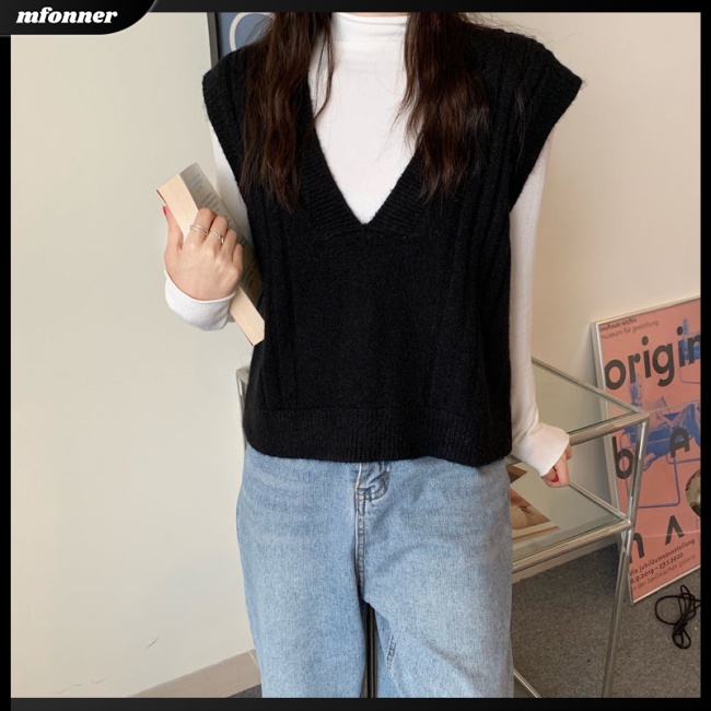 Áo Dệt Kim Sát Nách Dáng Rộng Cổ Chữ V Màu Sắc Retro Dành Cho Nữ