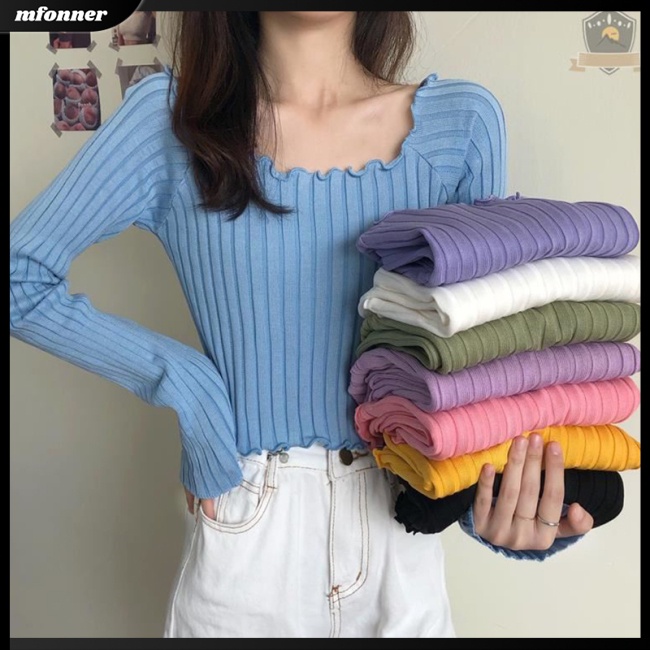 Áo Croptop Dệt Kim Tay Dài Cổ Vuông Màu Sắc Đơn Giản Cho Nữ