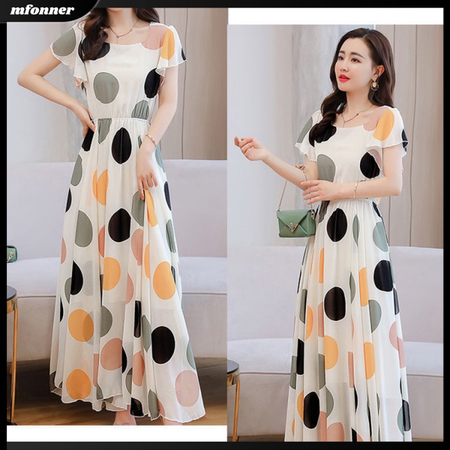 Đầm Dài Dáng Chữ A Tay Loe Cổ Tròn Họa Tiết Chấm Bi Thiết Kế Chiết Eo Nữ Tính