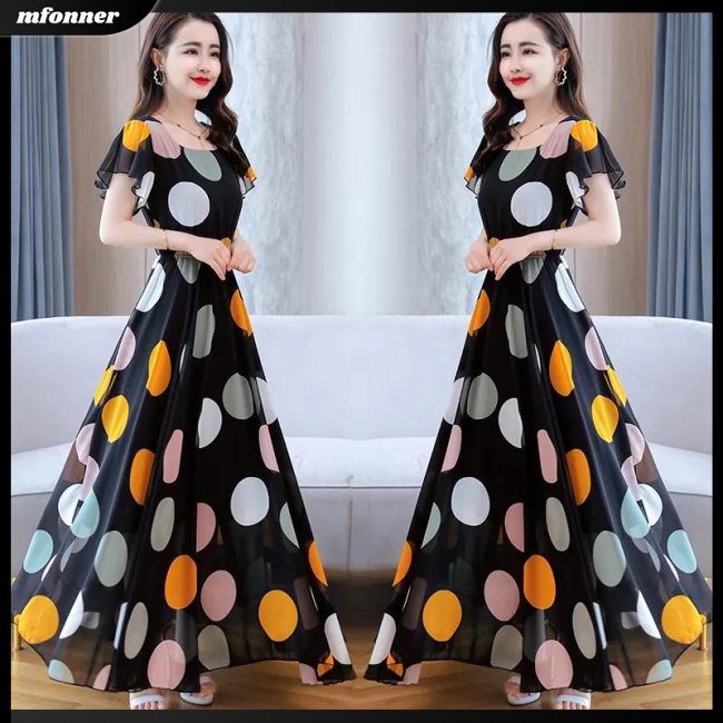 Đầm Dài Dáng Chữ A Tay Loe Cổ Tròn Họa Tiết Chấm Bi Thiết Kế Chiết Eo Nữ Tính