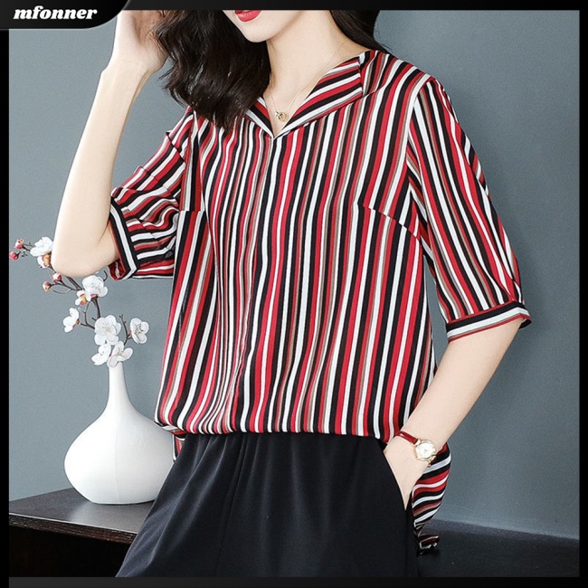 Áo Sơ Mi Chiffon Tay Ngắn Cổ Chữ V Họa Tiết Kẻ Sọc Thời Trang Cho Nữ