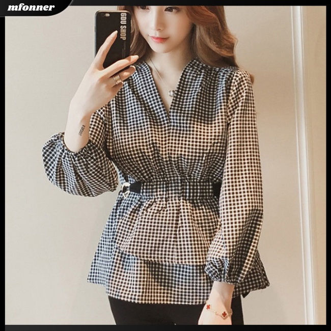 Áo Kiểu Tay Dài Cổ Chữ V Họa Tiết Kẻ Sọc Thời Trang Mùa Thu Cho Nữ