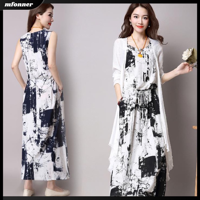 Set Đầm 2 Món In Họa Tiết Thổ Cẩm + Áo Khoác Cardigan Thời Trang Mùa Hè Cho Nữ