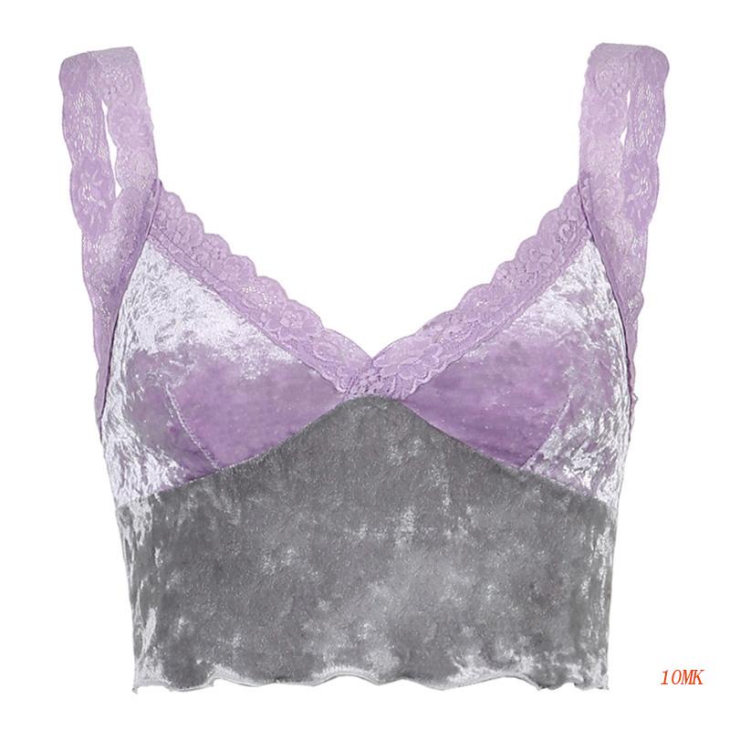 Xiangbao Áo Croptop Không Tay Cổ Chữ V Hở Lưng Phối Ren Hoa Màu Sắc Tương Phản Quyến Rũ Cho Nữ