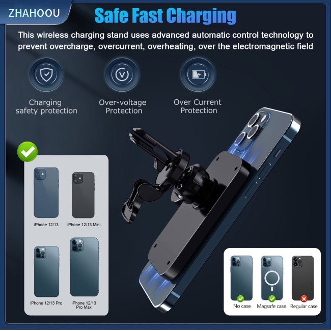 ☃Nhà Cửa☃ Đế Sạc Nhanh Không Dây 15w Có Nam Châm Hít Gắn Xe Ô Tô Cho Magsafe Iphone 12