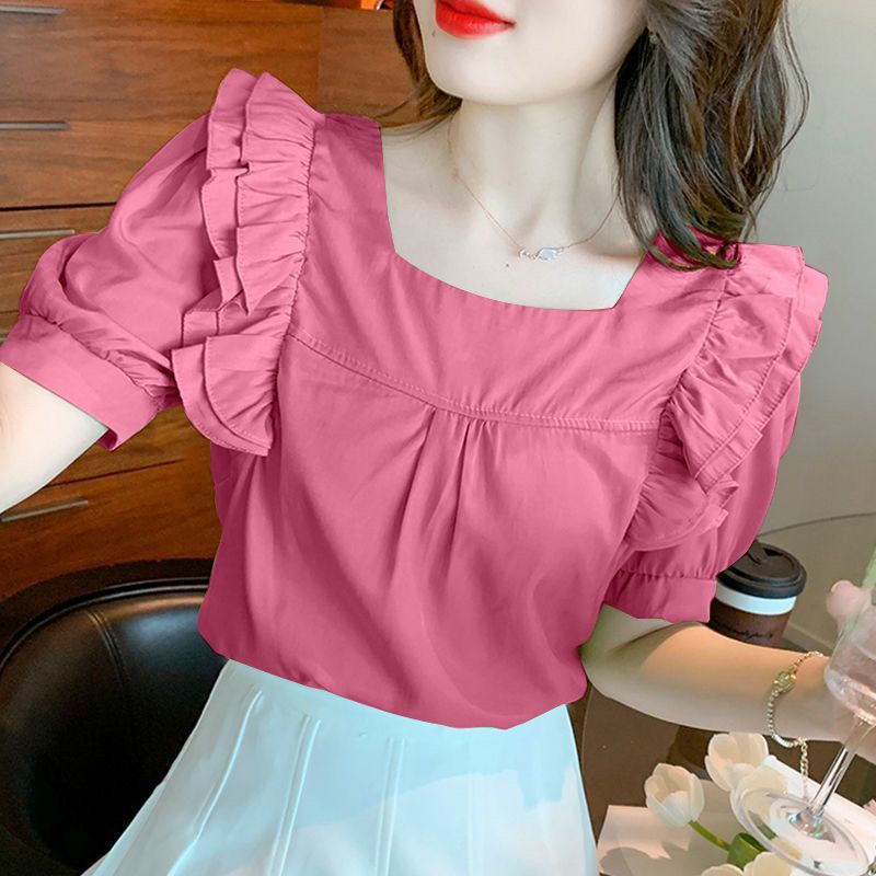 Áo Kiểu Tay Ngắn Cổ Vuông Màu Trơn Thời Trang Mùa Hè Xinh Xắn Cho Nữ