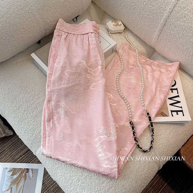 Quần Dài Ống Rộng Lưng Cao Cài Khóa Màu Hồng Phong Cách Trung Hoa Thời Trang Mùa Xuân Hàng Mới Dành Cho Bạn Nữ