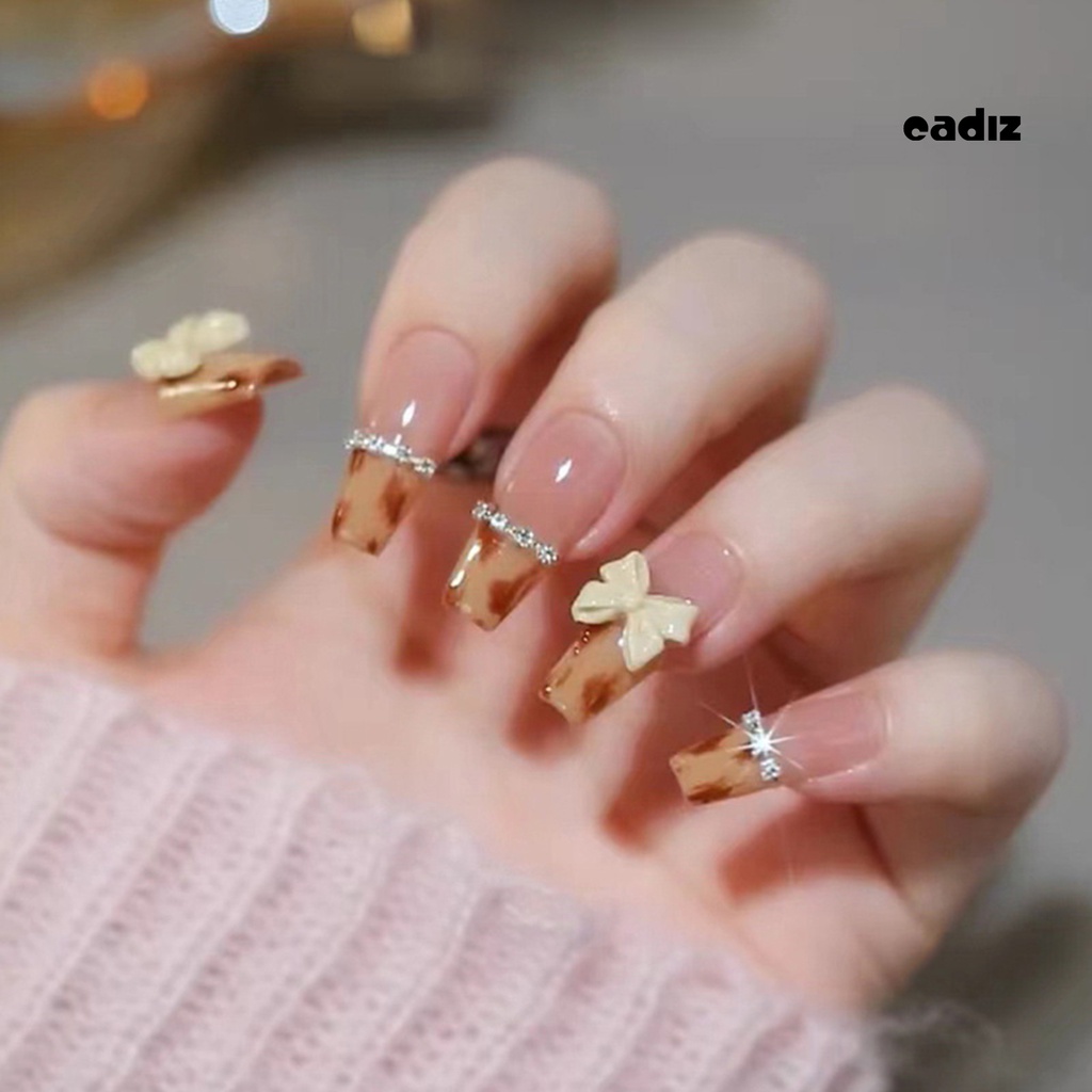 1 Bộ Móng Tay Giả Họa Tiết Da Báo Đính Đá Lấp Lánh Dễ Tẩy Trang Diy