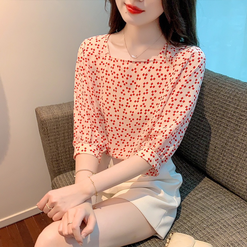 Áo Sơ Mi Chiffon Cổ Vuông Tay Lửng Phong Cách Thời Trang Mùa Hè 2023 Mới