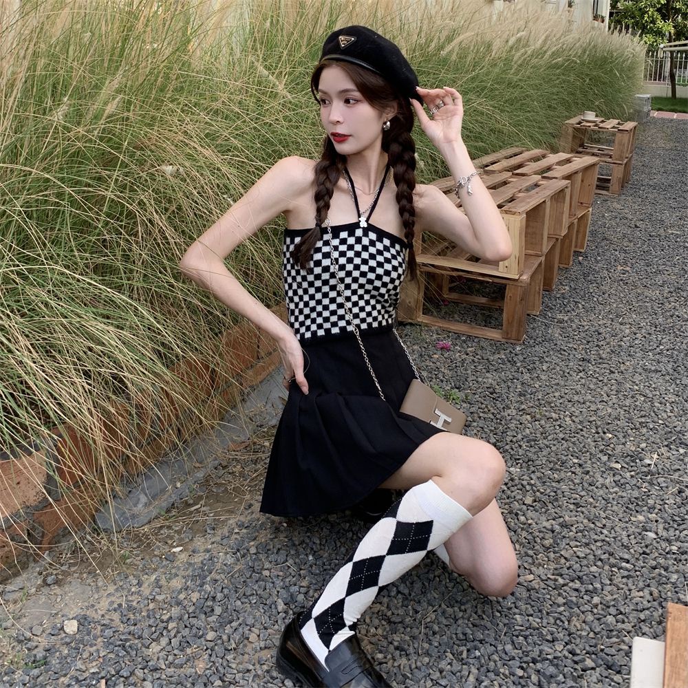 Áo Hai Dây Dệt Kim Sọc Ca Rô Thời Trang Hè Cá Tính Cho Nữ