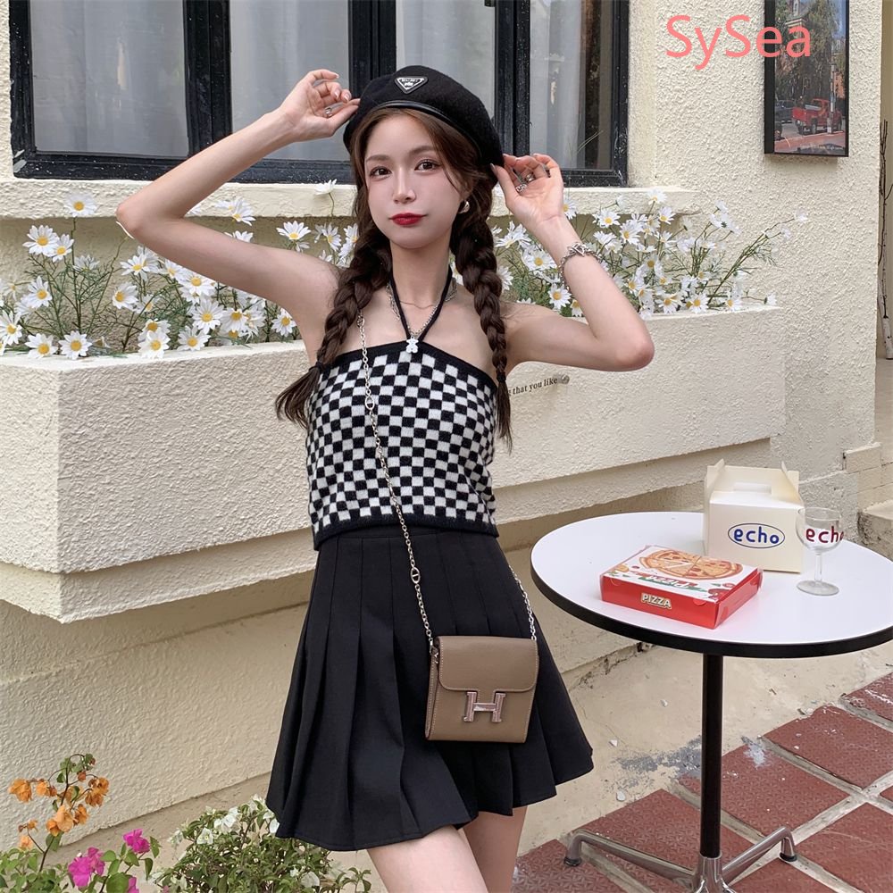 Áo Hai Dây Dệt Kim Sọc Ca Rô Thời Trang Hè Cá Tính Cho Nữ