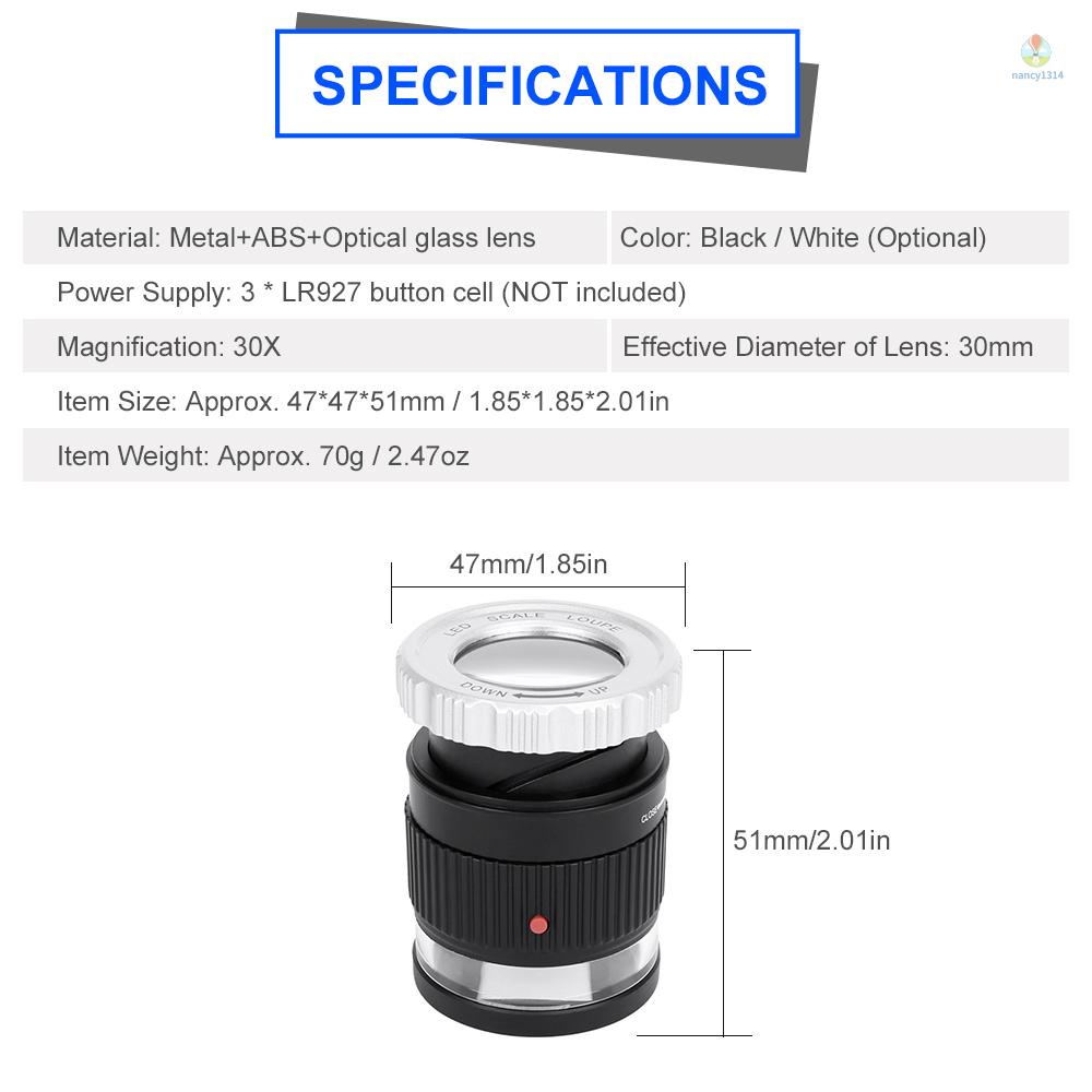 Kính Lúp 30X Bằng Kim Loại Hình Trụ Có Thể Điều Chỉnh Với 3 Đèn LED 3 Tia UV Màu Đen