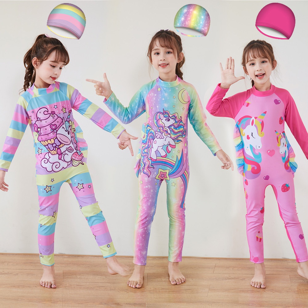 Bộ Đồ Bơi Một Mảnh Áo Tay Dài Chống Trầy Xước Kèm Nón Thời Trang Mùa Hè Chất Lượng Cao Cho Bé Gái 3-12 Tuổi